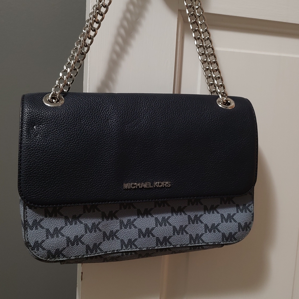 NWT Michael Kors Jet Set Chain Navy Monogram Flap Shoulder Bag